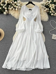 Women White Mesh Dress Spring Summer Sexy V-neck Lantern Long Sleeve Sheer Long Dresses Ladies Elegant A-line Party Long Robe