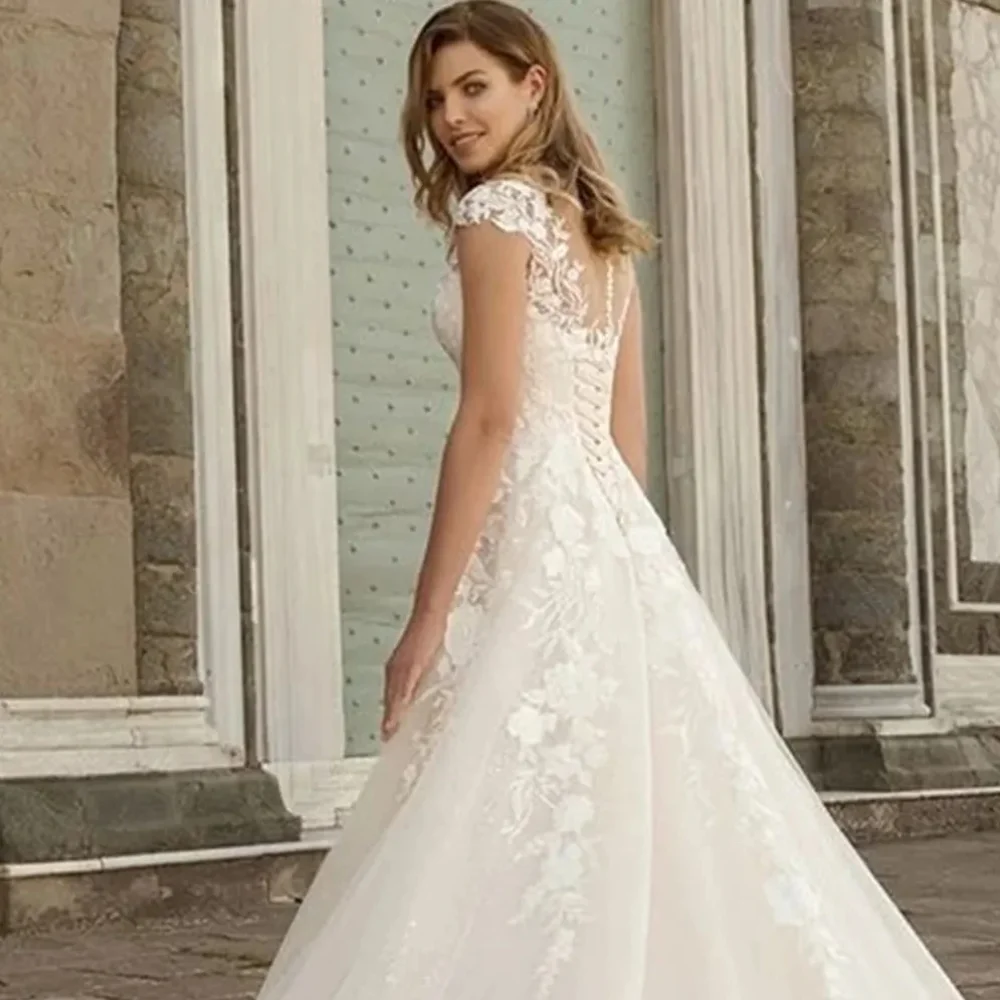 Elegant Long  Boho Wedding Dresses V Neck Lace Sleeveless with Appliques A Line Sweep Train Vestido Novia Talla Grande