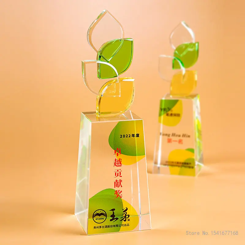 K9 Crystal Leaf Shape Award Trophy, Home Decoration, Four Leaf Clover, Can Lettering, Environment Theme, New, 1Pc