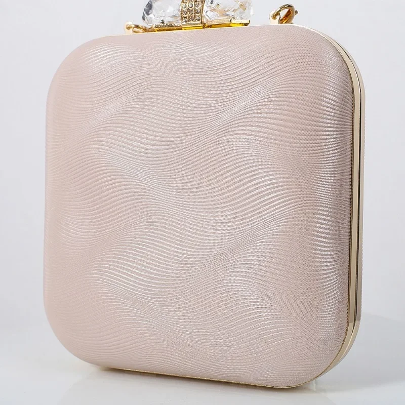 Fashionable Nude Color Evening Clutch Women Crystal Bowtie Buckle Textured PU Elegant Party Vertical Clutch Handbag for Mom