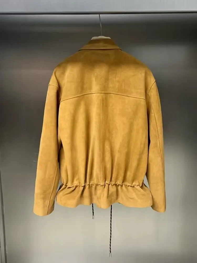 최고급 여성 가을 조절 가능한 허리 중간 길이 리얼 스웨이드 가죽 재킷 싱글 브레스티드 디자이너 빈티지 소프트 가죽 코트