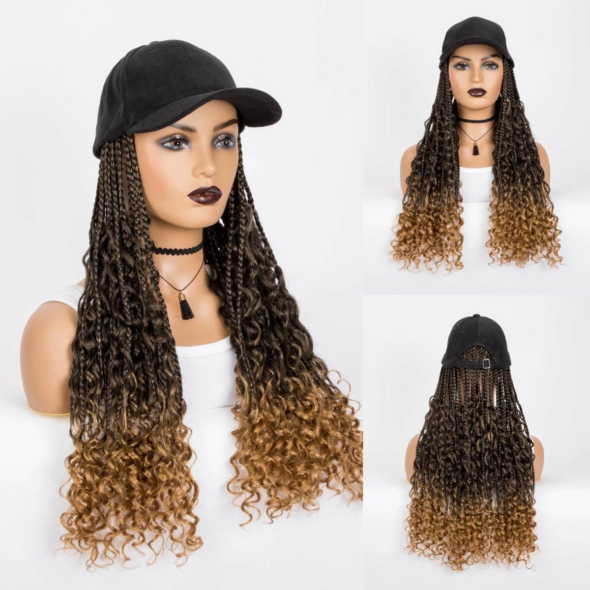 WIGERA Synthetic Long 20“ Ombre Black Blond Boho Box Braiding With Baseball Cap With Braids Hair Extensions Curly Wigs For Women