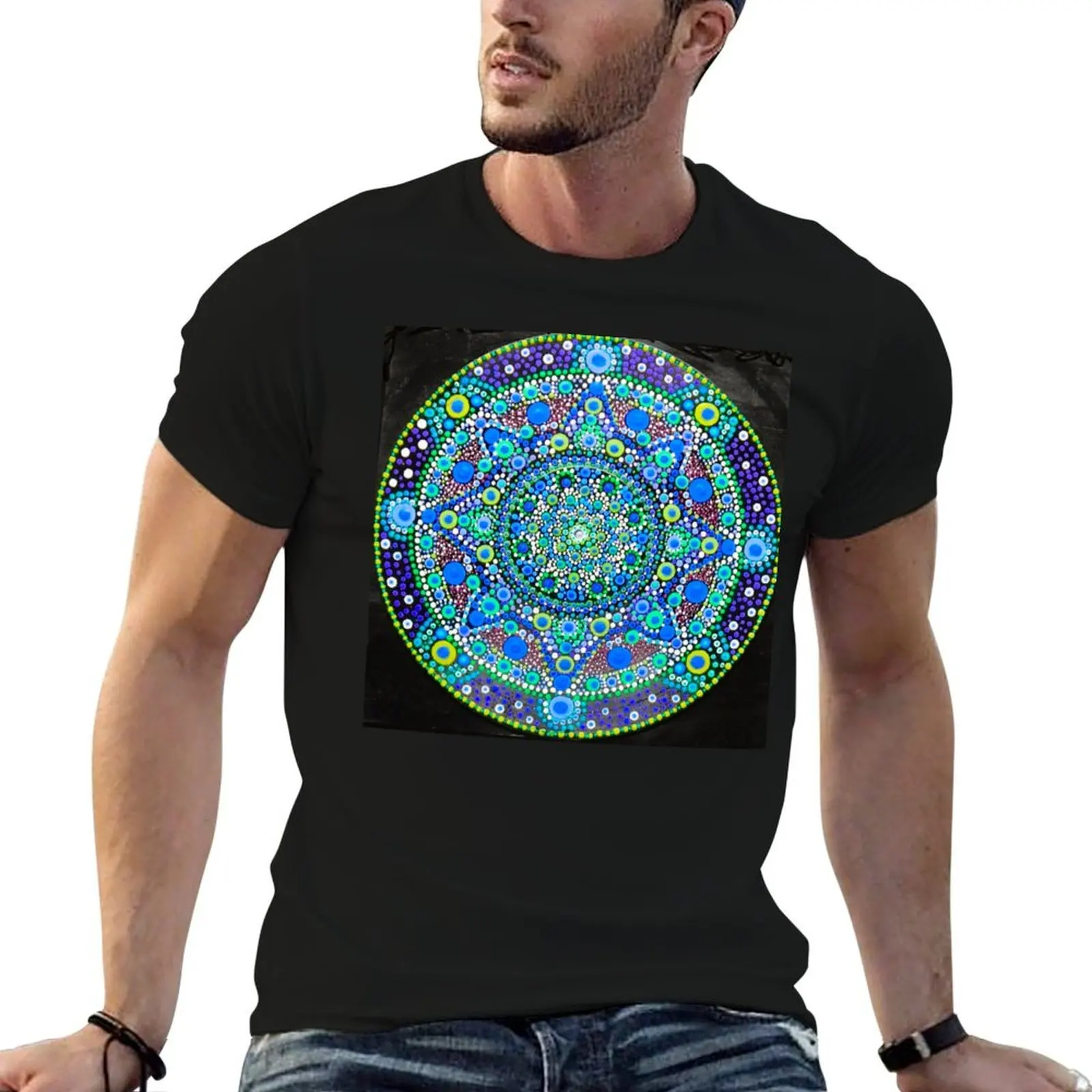 

Mandala Blue Green Starburst: Waves of Tranquility Mandala T-Shirt anime t shirts oversize man t shirts cotton T-Shirt