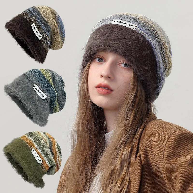 Autumn Winter Soft Fur Pile Up Beanies Plush Fashion Thick Fluffy Hats Sweet Cool Bonnets Warm Wool Cap Female Visors