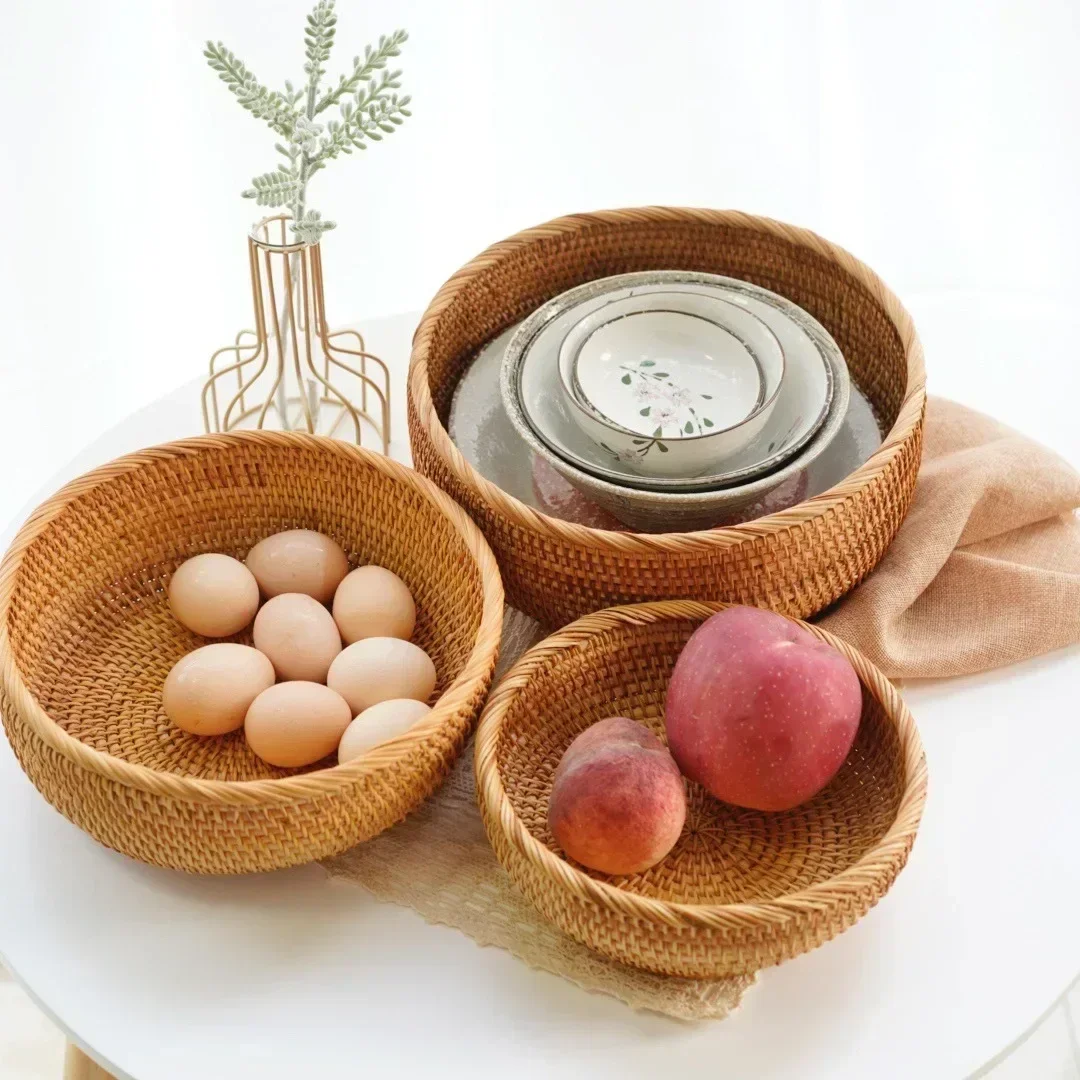 Round Rattan Fruit Basket, Wicker Woven Snack Tray, ,Bread Food Organizer, Kitchen Storage, Home Decoration