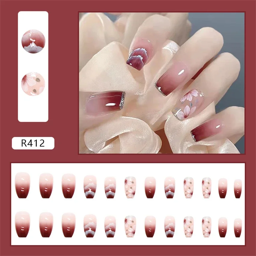 

24Pcs/Set Short Ballet Hills Art Press on Nail Camellia Flower Adhesive Wearing False Nails Full Cover Acrylic Fake Nails Tips