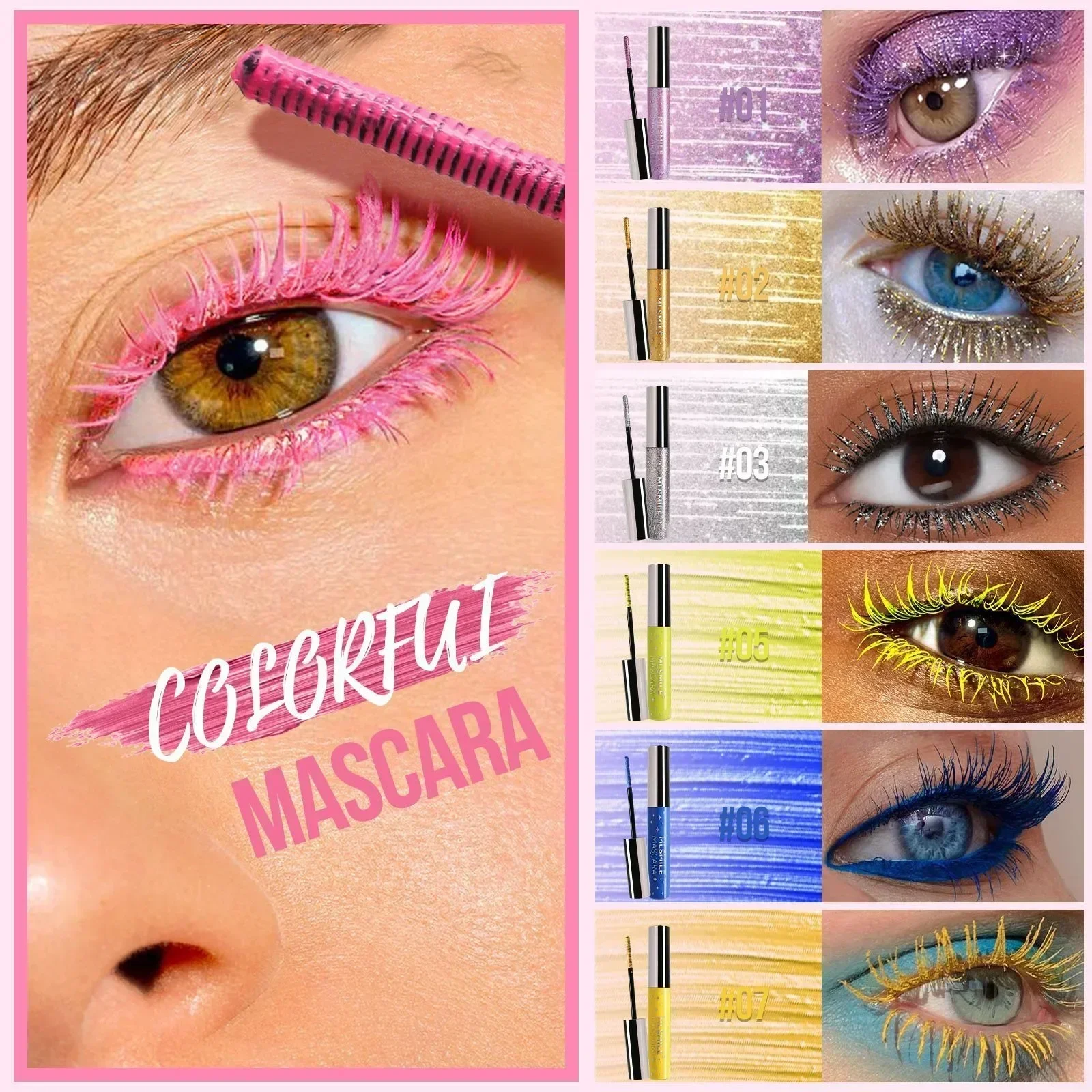 Colorful Glitter Mascara, Waterproof Long Lasting Thickening Lengthening Anti-Smudge Mascara, Tint Rich Color Sparkly Mascara