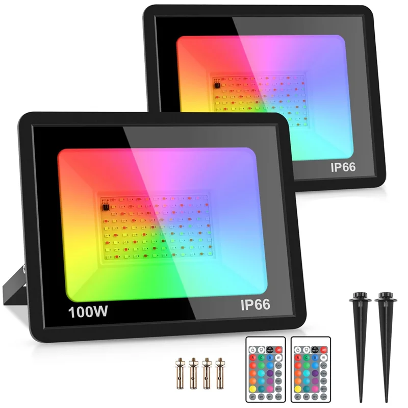 

M11K-2 Pack 100 Вт RGB светодиодный прожектор IP66 водонепроницаемый прожектор с изменением цвета с пультом дистанционного управления для вечеринки, Хэллоуина