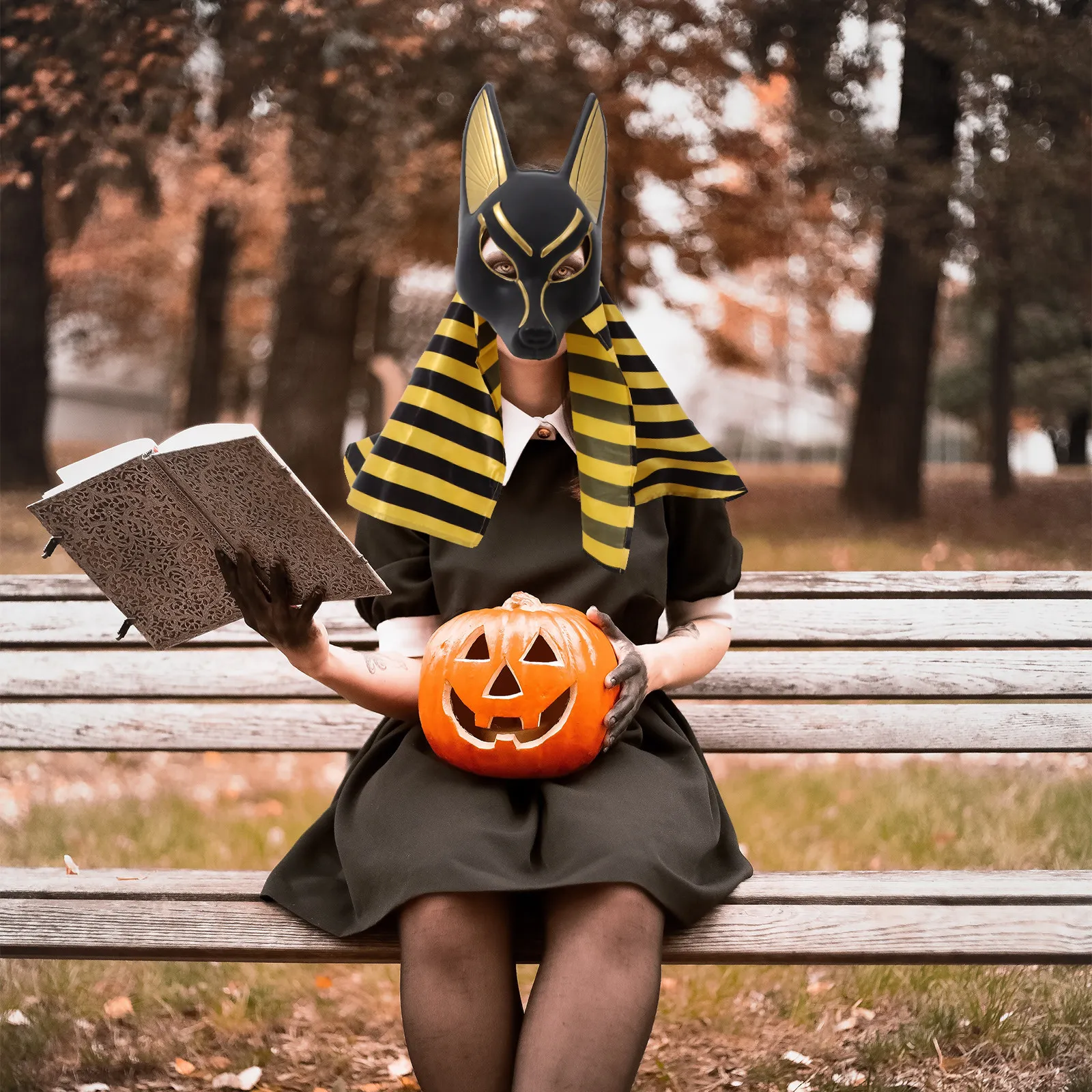 1-セットアヌビスマスクハンカチレトロエジプトハロウィン仮装パーティー衣装小道具ヴィンテージコスプレマスク装飾祭り