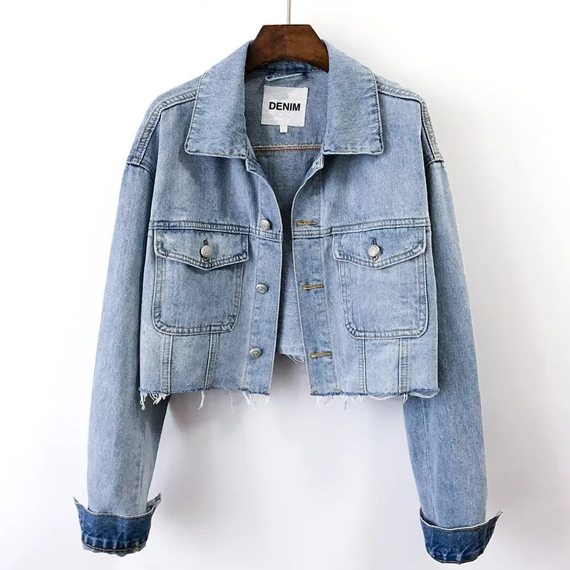 

Light Blue Big Pocket Long Sleeve Denim Jacket Coat Women Vintage Blue Short Cowboy Outerwear Frayed Hem Jeans Jackets Female