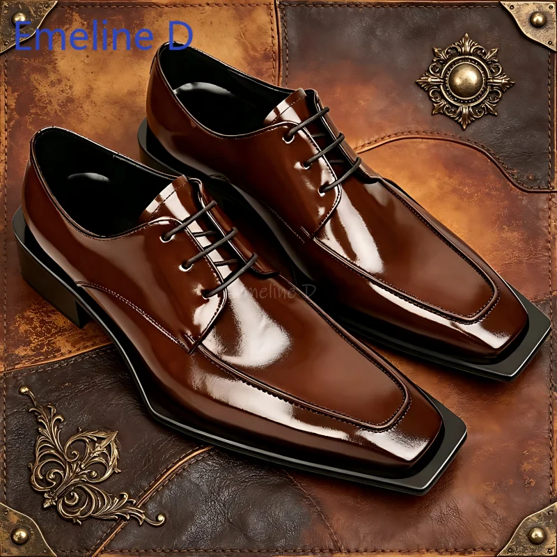 

Men's Shiny Leather Square Toe Formal Shoes Lace Up Business Oxford Shoes Elegant Style Classic Wedding and Office Shoes,