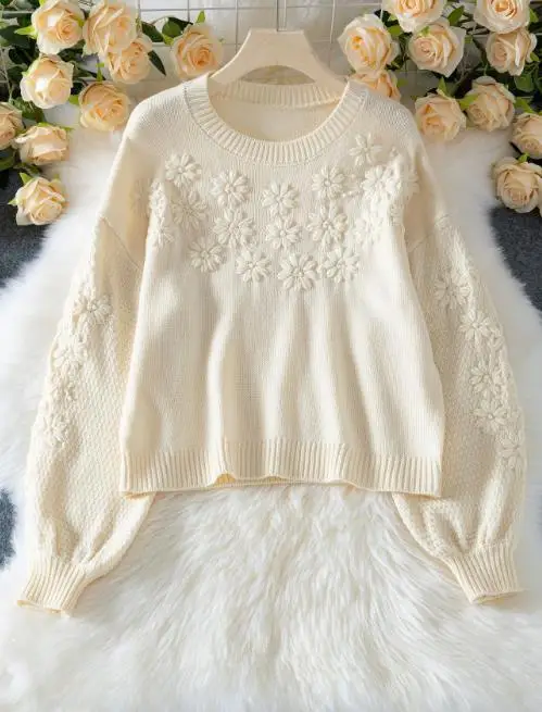 

Women's Sweater 2025 Spring Autumn New Three Dimensional Daisy Embroidered Round Neck Long Sleeve Pullover Knitted Sweater