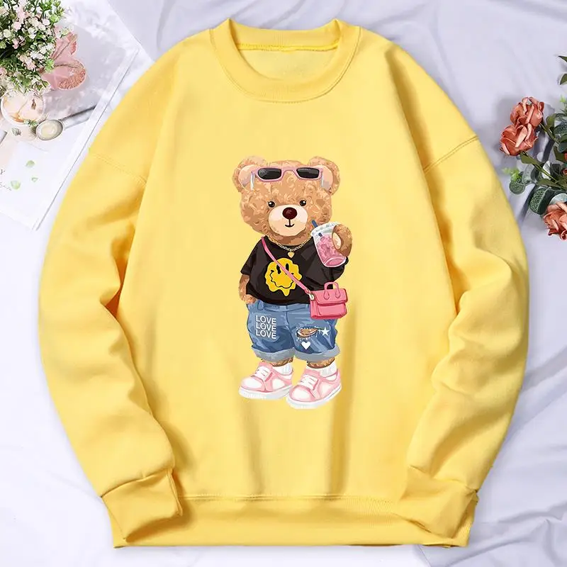 Bear Sister Drinking Milk Tea Printing Women\'S Hoody Autumn Warm Fleece Sweatshirt Casual Hoodies Hip Hop Loose Pullovers Top