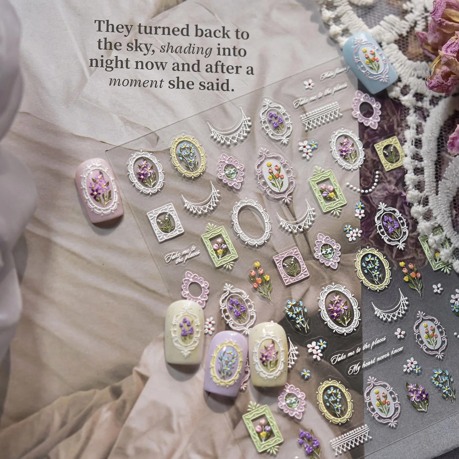 5D alivio cómodo hermoso borde de encaje francés marco de pintura Floral adhesivo pegatinas para decoración de uñas calcomanías dijes para manicura