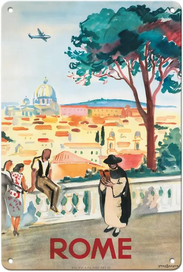 Rome Italy - St. Peters Basilica - Vintage Airline Travel Poster by Yves Brayer c.1949-8 x 12 inch Vintage Metal Tin Sign