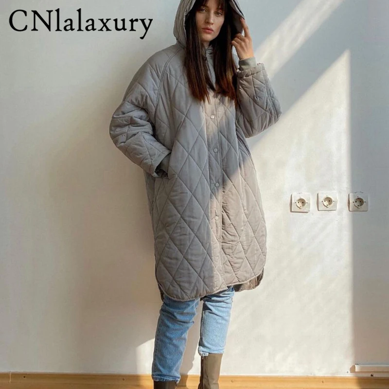 CNlalaxury 2022 New Winter Women Oversize Vintage Plaid Hooded Long Parkas Casual Pockets Cotton Jackets Coat Female Outwear