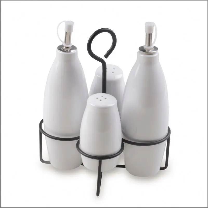 Custom Kitchen White Ceramic Vinegar Oil Bottle With Stand Set Of 4 Porcelain Olive Oil Bottle Set