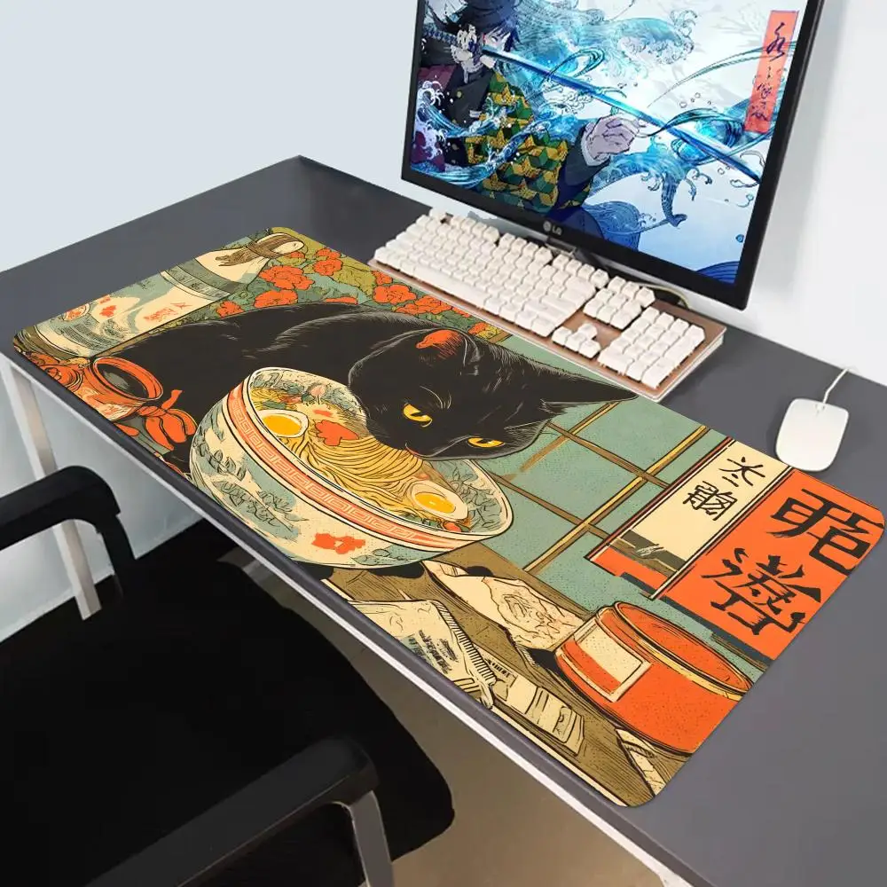 Alfombrilla de ratón para juegos grande con diseño de gato negro que le encanta comer ramen, estilo pop art de Tokio, antideslizante, de goma, accesorios para computadora
