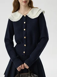 FSLE College Style Lace Round Neck Lapel Sweater For Women Autumn Winter 2024 Retro Style Loose Elegant Soft Pullover 24FS14046