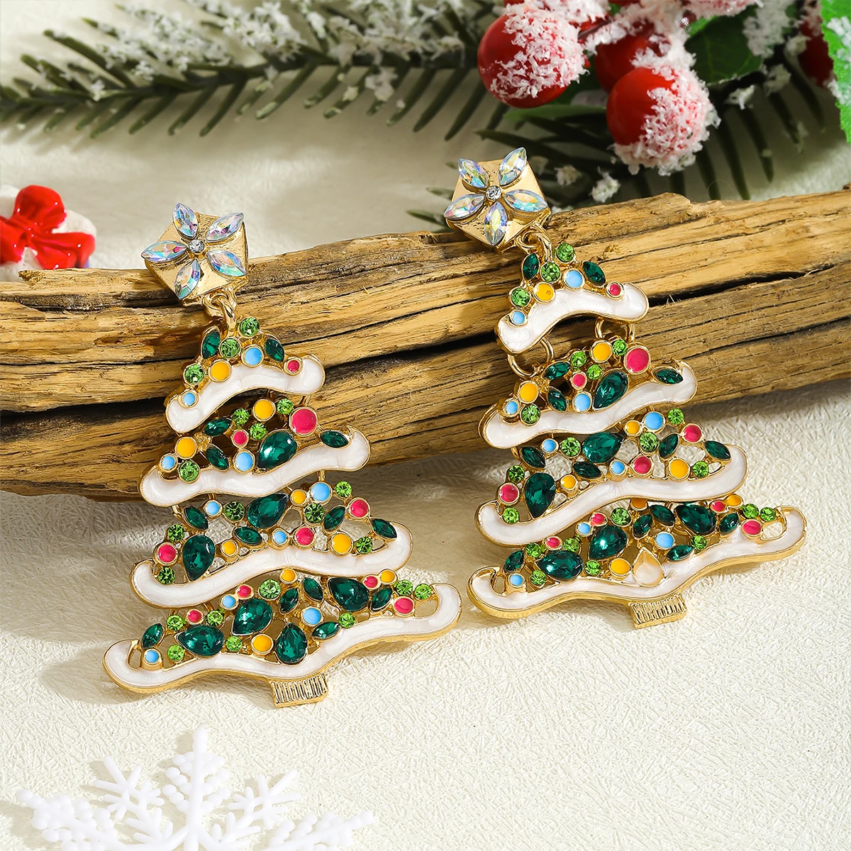 زوج واحد من الأقراط المتدلية لشجرة عيد الميلاد، إكسسوارات أذن من سبائك الزركون الملونة اللامعة، هدية لحفلات العطلات ﻿