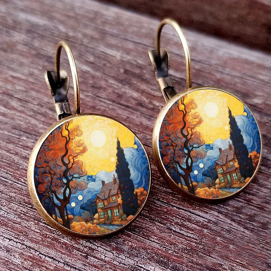 Van Gogh Painting Ear Studs Van Gogh\'s Autumn Painting of Starry Night  Round Jewelry Glass Dome earrings Autumn Vintage Earring