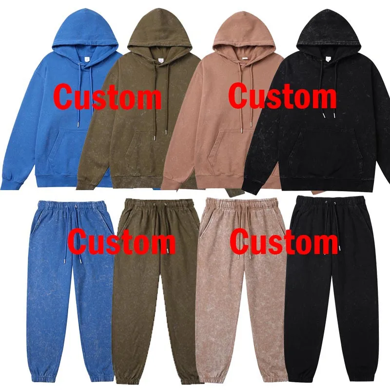 Custom LOGO Top Quality 100% Cotton Washed Hoodies Pants Set Oversized Hip Hop Suit Oversized Tracksuit Vintage Retro Streetwear