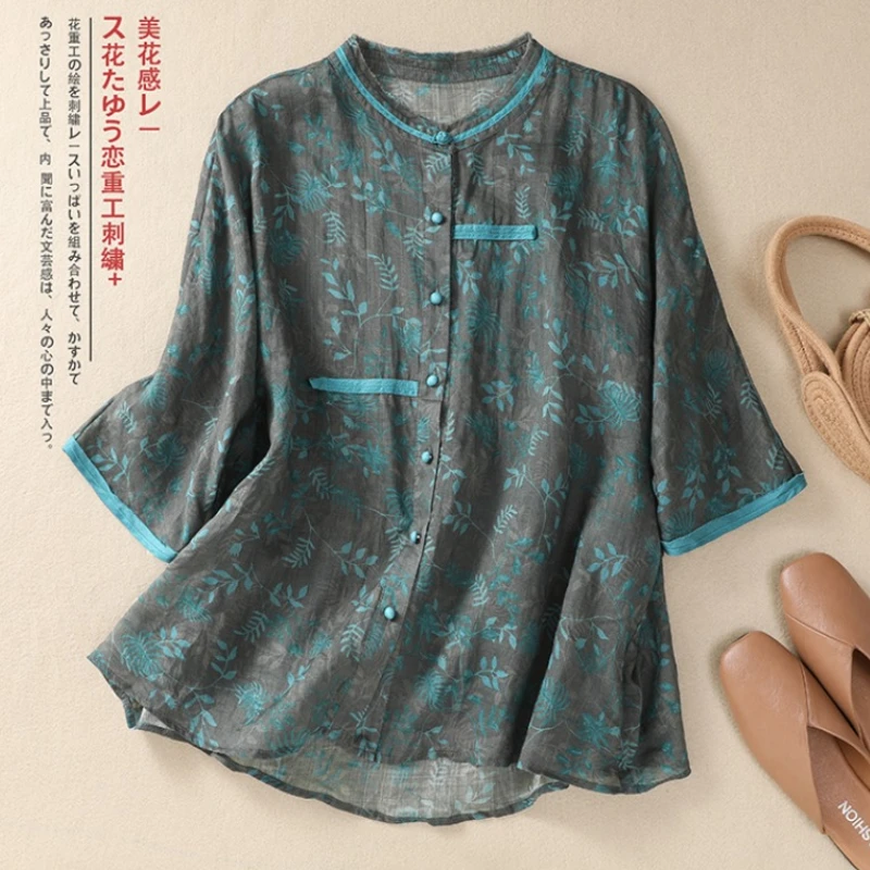 Chinese Style Women\'s Shirt Summer Cotton Linen Vintage Blouses Prints Clothing Loose Short Sleeve Women Tops