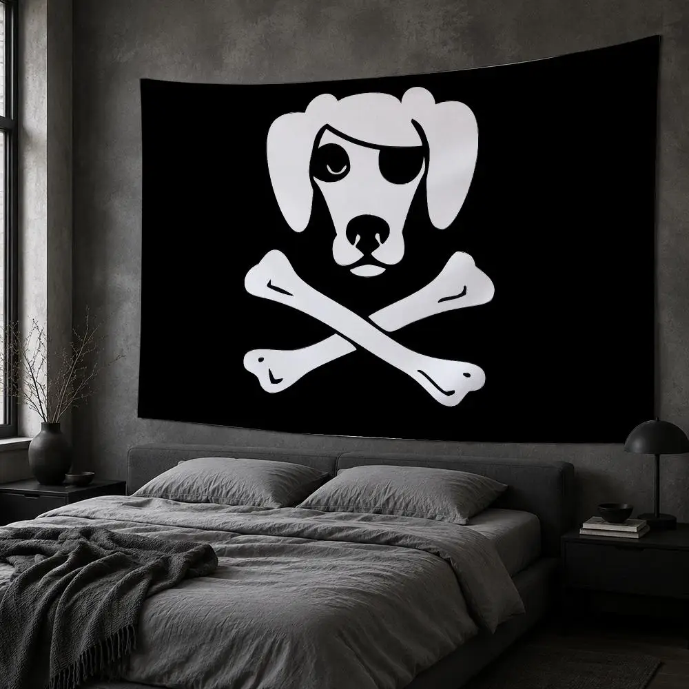BLACK Pirate Dog Skeleton Tapestry Bedroom Living Room Bar Party House Home Dorm Interior Wall Decor Background Banner