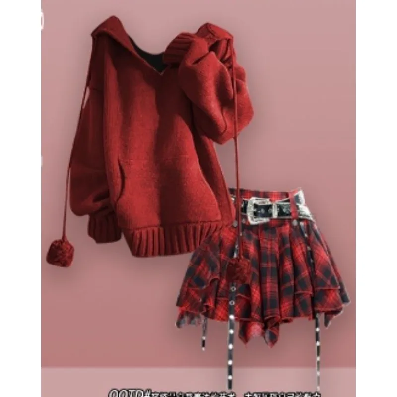 جديد النمط الأجنبي فضفاض وكسول معطف بقلنسوة تنوعا منقوشة تنورة قطعتين مجموعة رائعة بسيطة موضة الاتجاه شخصية #5