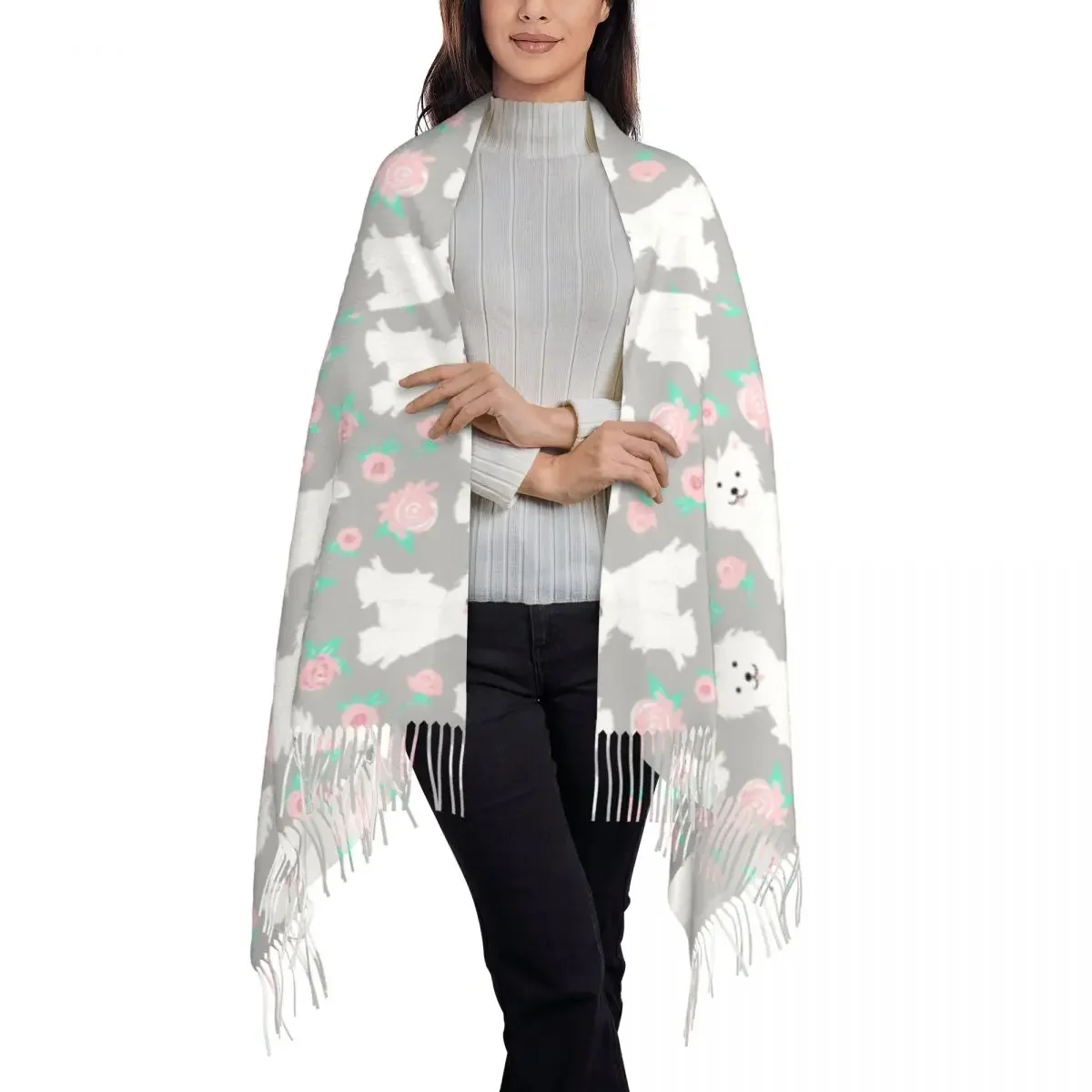 Ladies Long West Highland White Terrier Puppy And Rose Flowers Scarves Women Winter Fall Warm Tassel Shawl Wrap Westie Dog Scarf