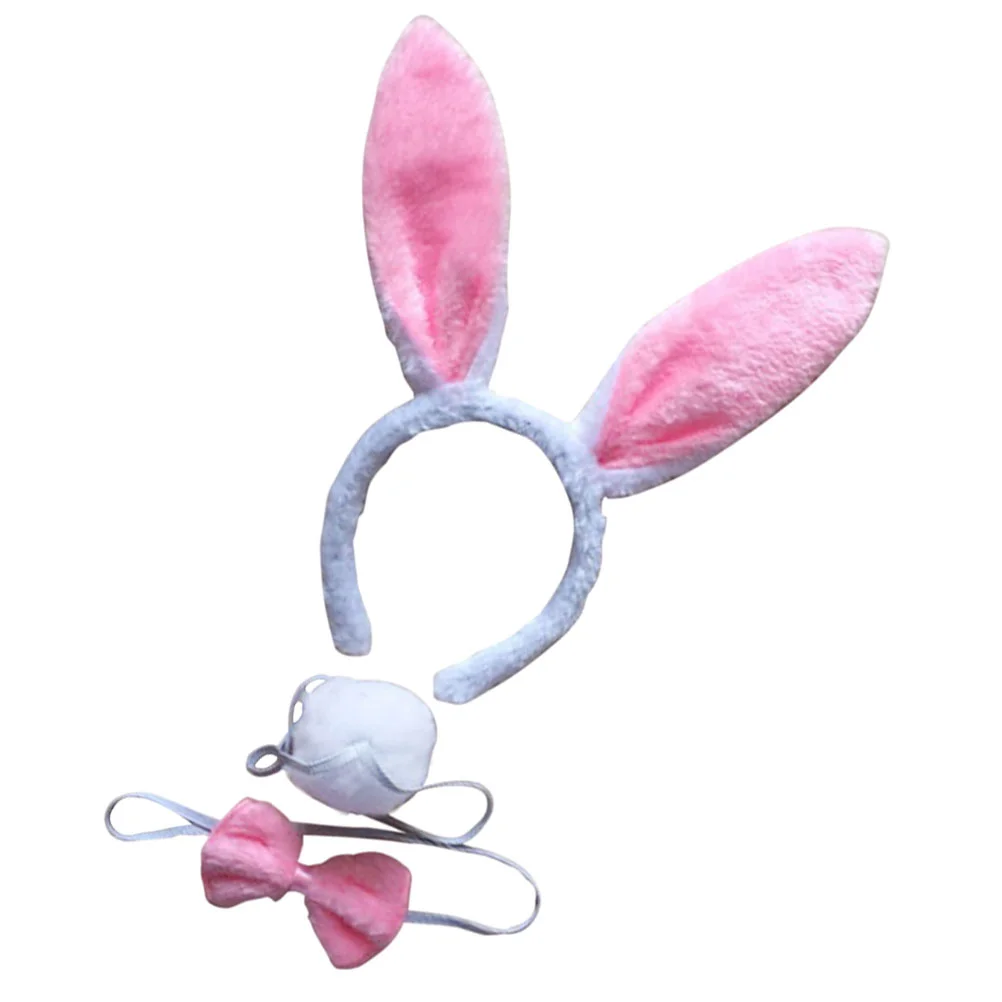 3Pcs Kids Adult Rabbit Girls Headbands Bow Ties Tail Set Party Cosplay Costume (White & Pink)