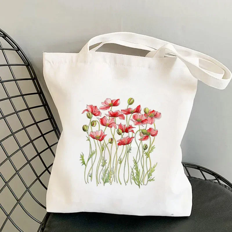 Bright-Colored Fresh Flower Shopper Tote Bag Shoulder Foldable Fashion Large Canvas Handbag  High Capacity Shopping Bag