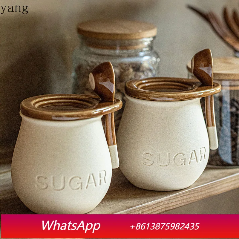 

LTT Vintage Ceramic Seasoning Jar with Lid Spoon Seasoning Salt Tank Lard Cans Cross Border Export