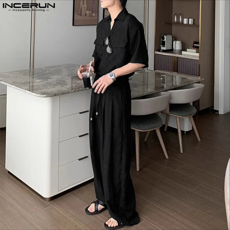 

INCERUN Men Sets Solid Color Lapel Long Sleeve Shirt & Pants Two Pieces Sets Streetwear Loose Fashion Casual Men's Suits S-5XL