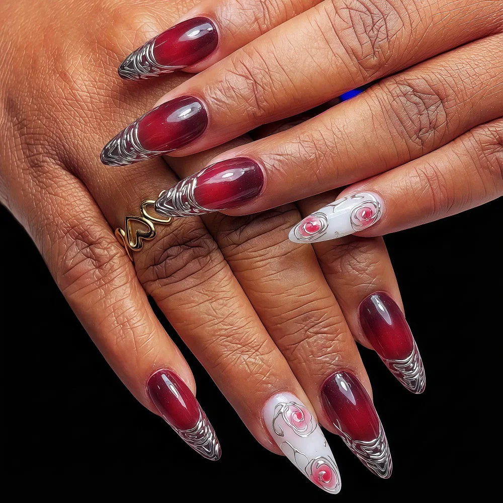 Unhas falsas 3d para mulheres, meninas, ouro, prata, dourado, flores rosas para o dia dos namorados, balé, pontas de amêndoa, imprensa em arte de unhas falsas