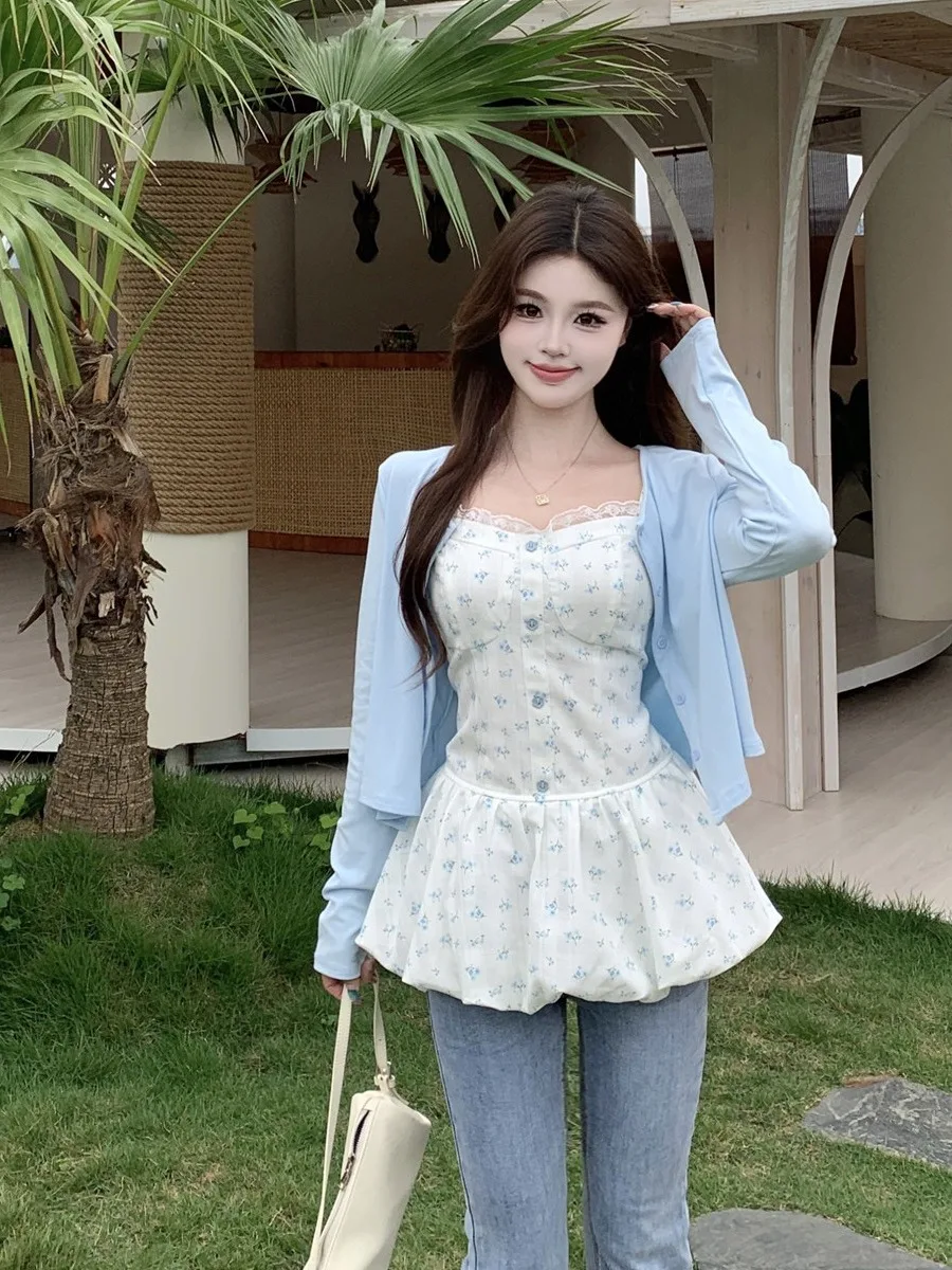 

plus Size Women's Gentle Floral Lace Trim Halter Vest Thin Summer New Style Open Cardigan Top Korean Style Slim Fit Long Sleeve
