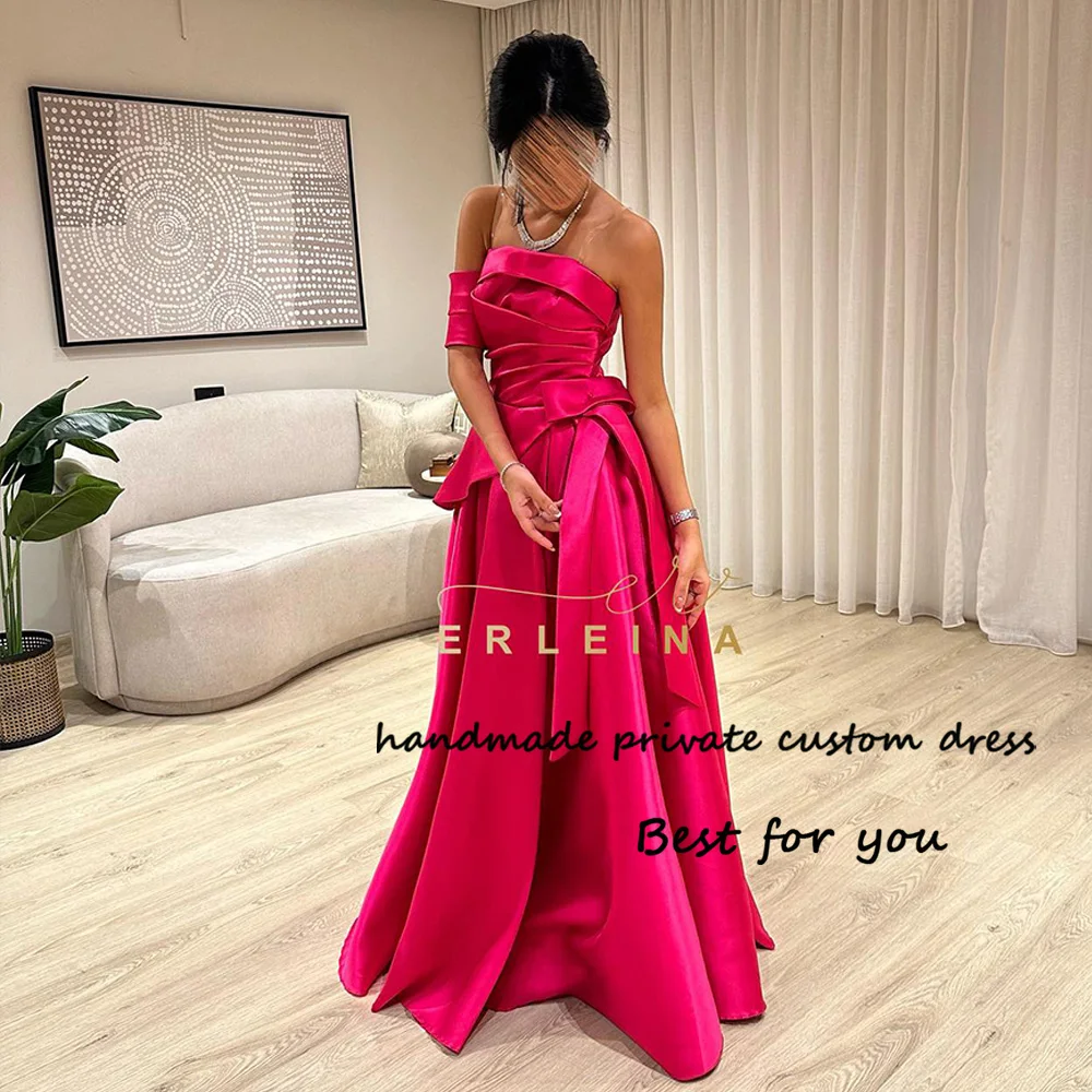 

Hot Pink Satin One Shoulder Evening Dresses Pleats Strapless A Line Arabian Formal Prom Dress with Train Wedding Guest Gowns