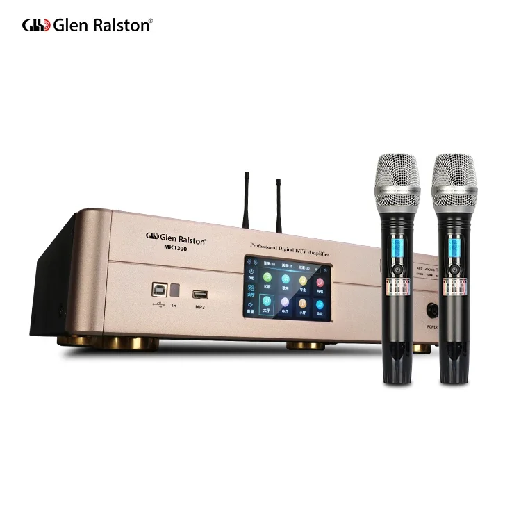 Glen Ralston 300w*2 Full touch screen karaoke mixer system with wireless mic dsp audio processor power amplifier