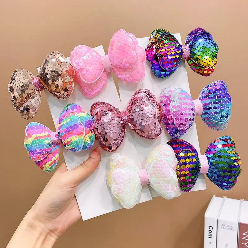 Sequins Ribbon Hair Side Clip Bows with Alligator Clip Sweet Girls Kids Bangs Barrette Colorful Bowknot Hair Styling Accessories