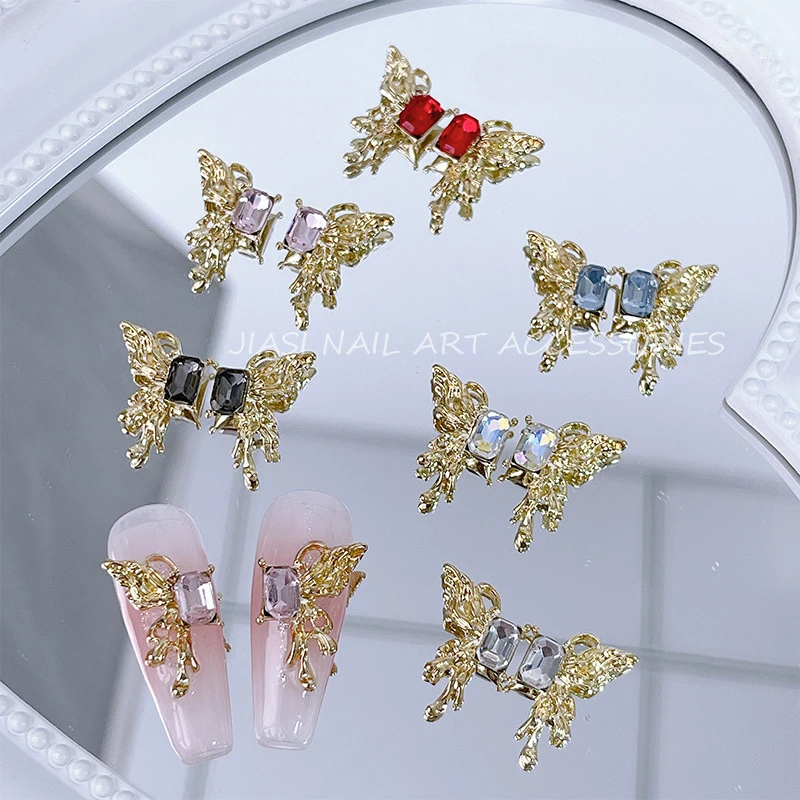 12pcs Rhinestone Butterfly Nail Art Decorations, Liquid Left and Right Half Butterfly Wings, Alloy Crystal Nail Art Accessories