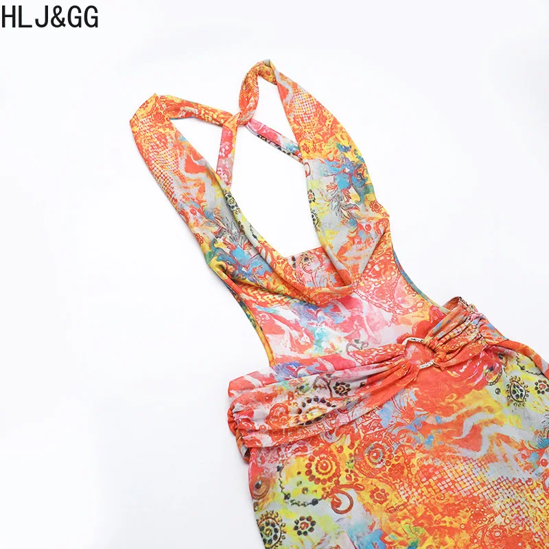 فساتين طويلة مثيرة بشبكة على شكل حرف V من HLJ&GG شفافة على الرغم من فساتين طويلة للنساء مطبوعة بصبغة التعادل بدون أكمام وظهر نحيف ملابس خروج عصرية