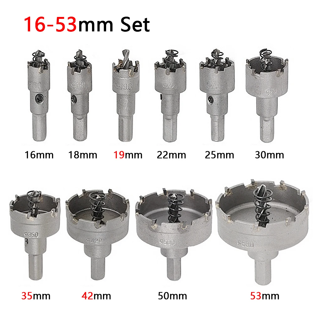 10Pcs16-53mm Alloy Hole Saw Set Carbide Tip TCT Metal Cutter Core Drill Bit Kits for Stainless Steel Metal Drilling Crown