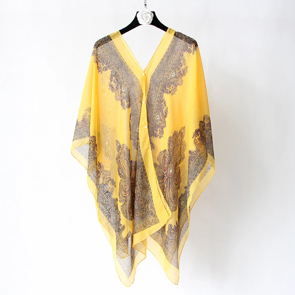 Cover-Ups With Buttons Sunscreen Comfortable Shawl Women Floral Printing Shawl Girl Beach Bikini Cover Up Sweet Chiffon Blouse