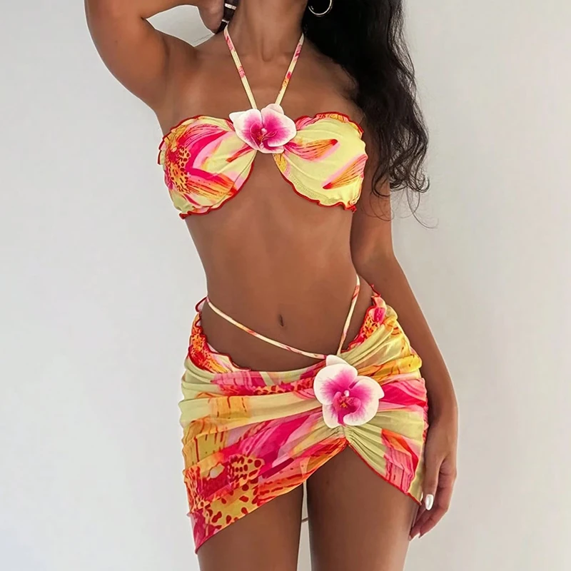 3D Flowers Swimwear with Skirts Halter String Bandeau 3 Piece Bikini Set Sexy Swimsuit Women 2026 Beach wear Bikini Biquinis