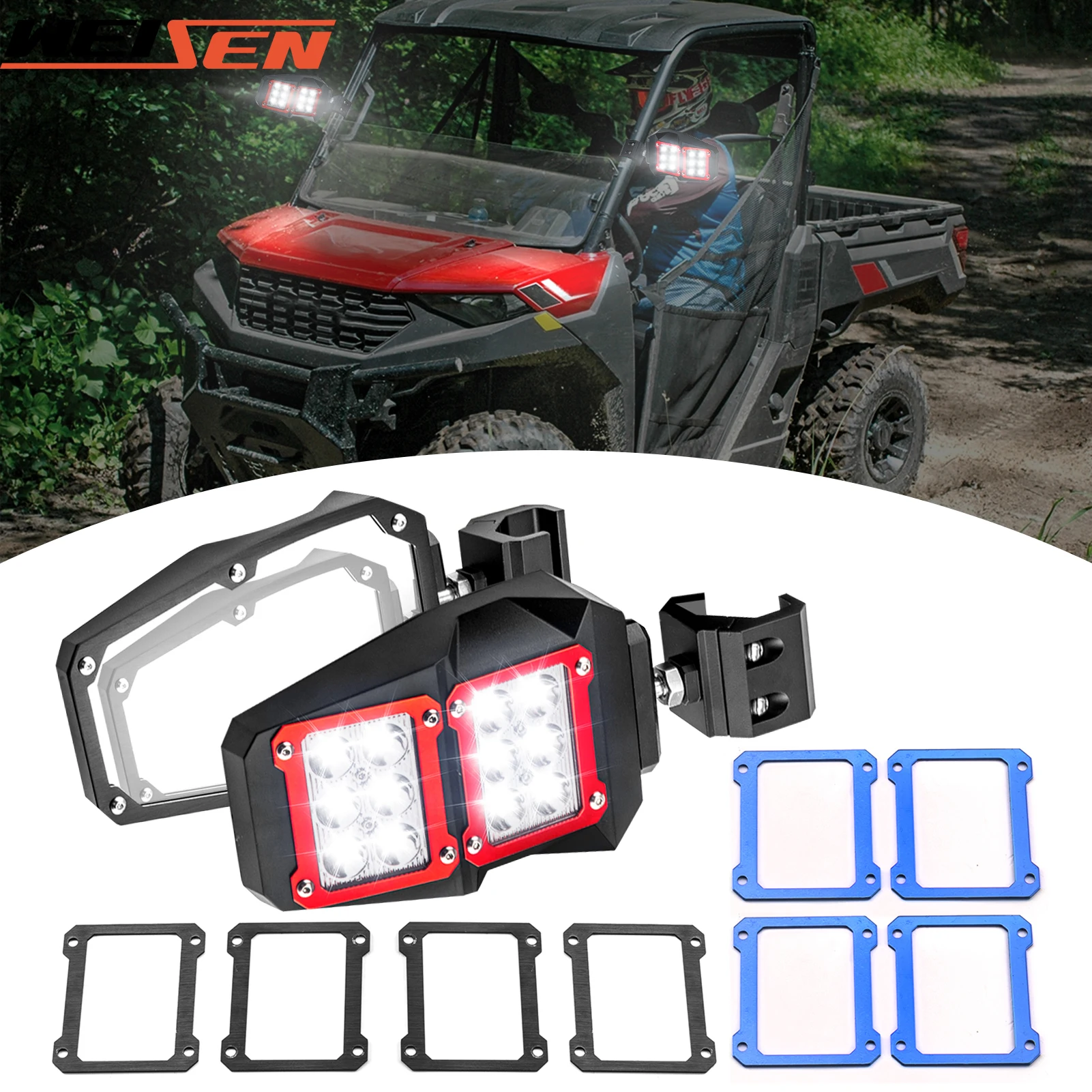 UTV Off Road Racing Flat Side Rear View Mirror with 24 Led White Spot Light for CF-Moto Uforce/Zforce、 John Deere、Kubota、Polaris