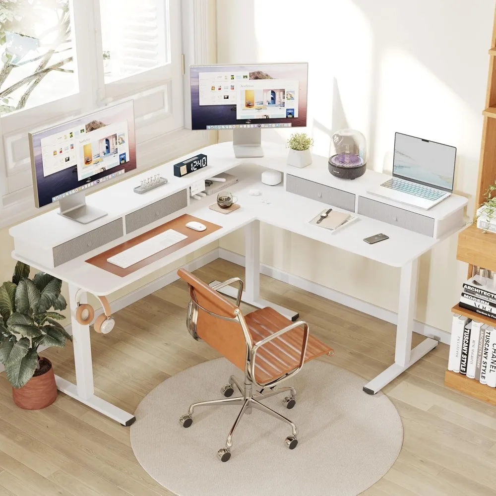 

L Shaped Standing Desk with Shelf Electric Corner Table, Drawers, Adjustable Computer Workstation for Home, Office