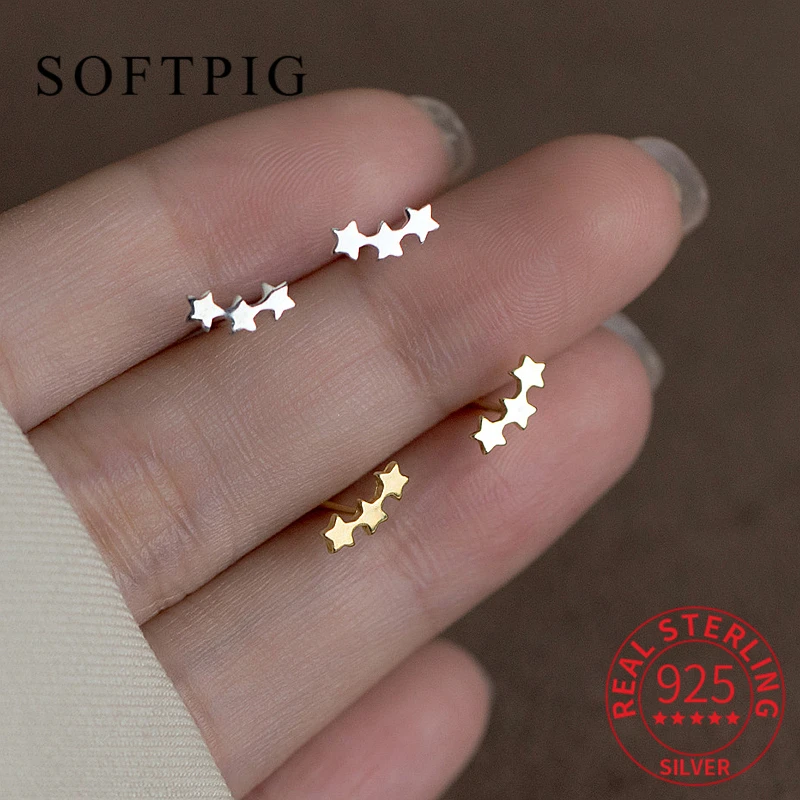 

SOFTPIG Real 925 Sterling Silver Link Stars Stud Earrings for Women Classic Geometric Fine Jewelry Minimalist Accessories