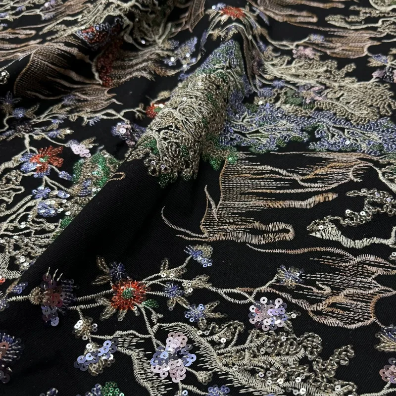

Black Sequins Embroidery Fabric Chinese Style Landscape Evening Dress Coat Autumn Apparel Handmade Sewing DIY Craft Material