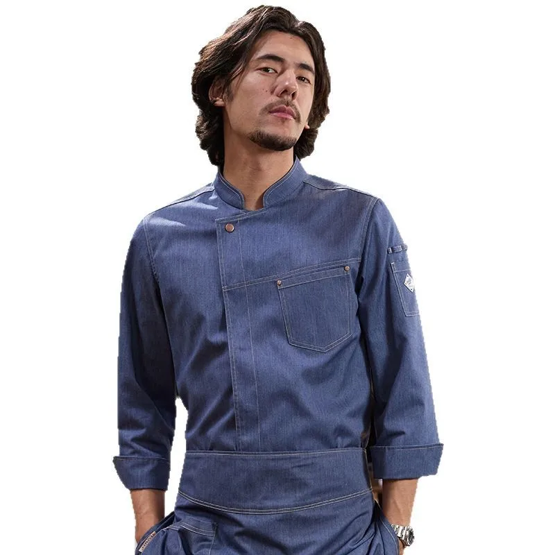 

Chef Coat Denim Blue for Men Women Hotel Restaurant Long Sleeve Master Chef Uniform Kitchen Waiter Jacket