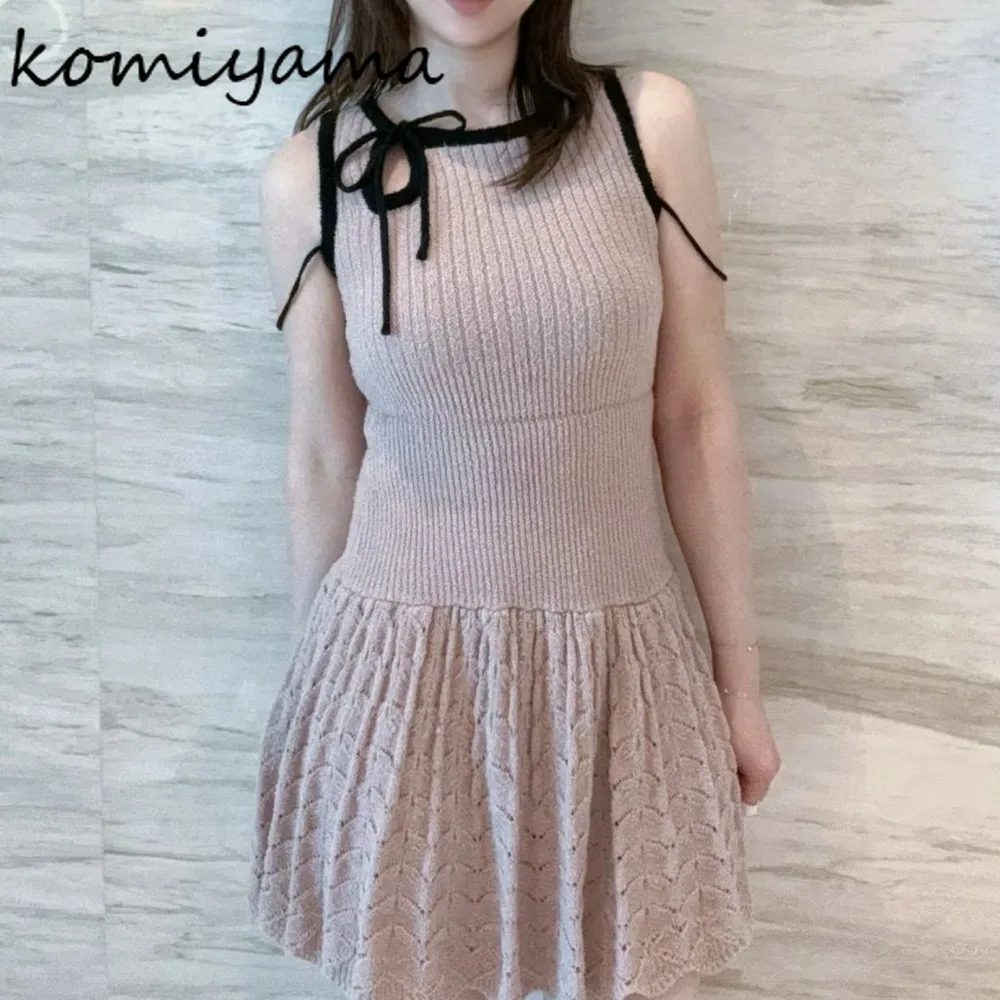 

Japanese Teenage Girls Mini Robe U-Neck Bow Knit 2025 Vestidos Tank Dress Sweet Dresses Woman Summer Sleeveless Ropa Mujer